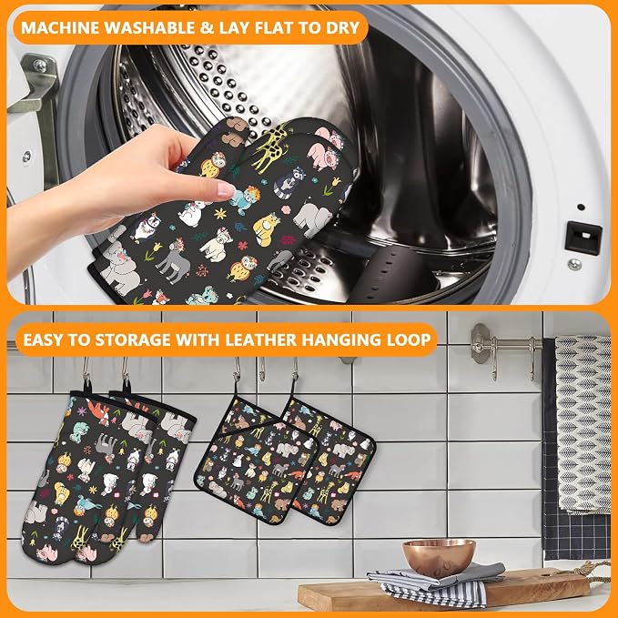 Cute Animals Oven Mitts and Pot Holders Sets 4Pcs, Extra Long Oven Gloves - Image 5