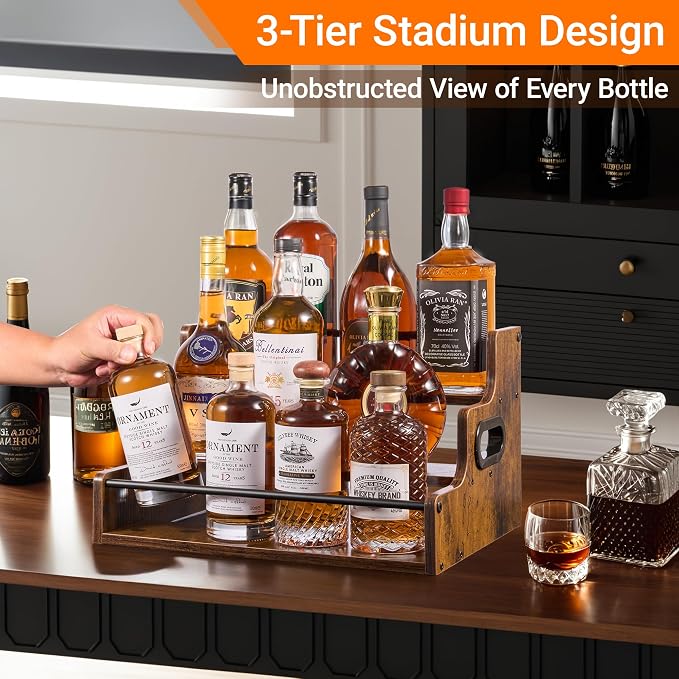 YQBRAO [Upgraded Rustic Wood Liquor Bottle Display Shelf, 3-Tier Liquor Shelf - Image 2