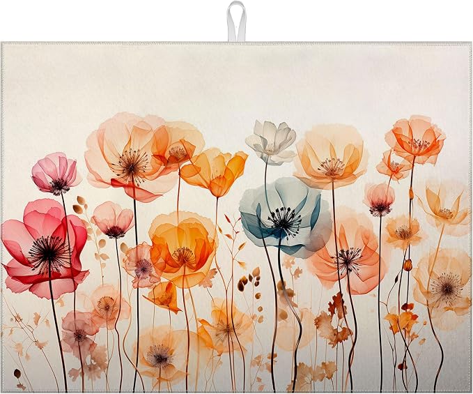 Poppy Dish Drying Mat for Kitchen Counter Wild Flower Drying Pad Absorbent by MOUNTANLLY