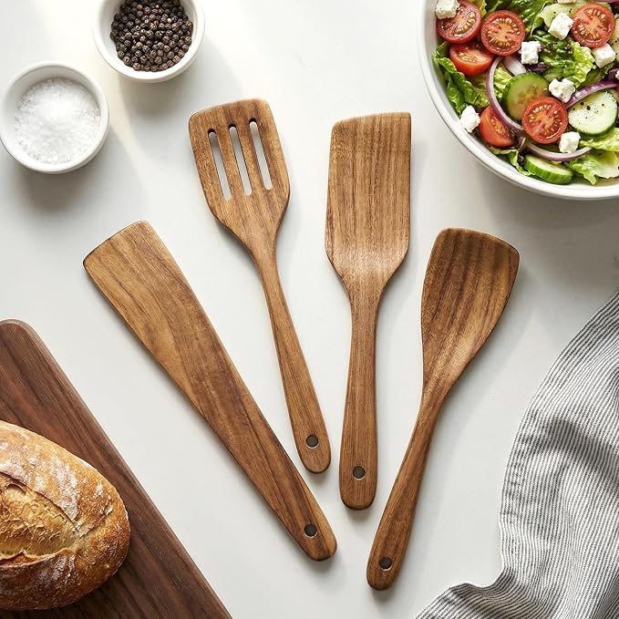 4 Pcs Acacia Wooden Spatula Set Non Toxic Kitchen Utensil Set Slotted Turner - Image 3