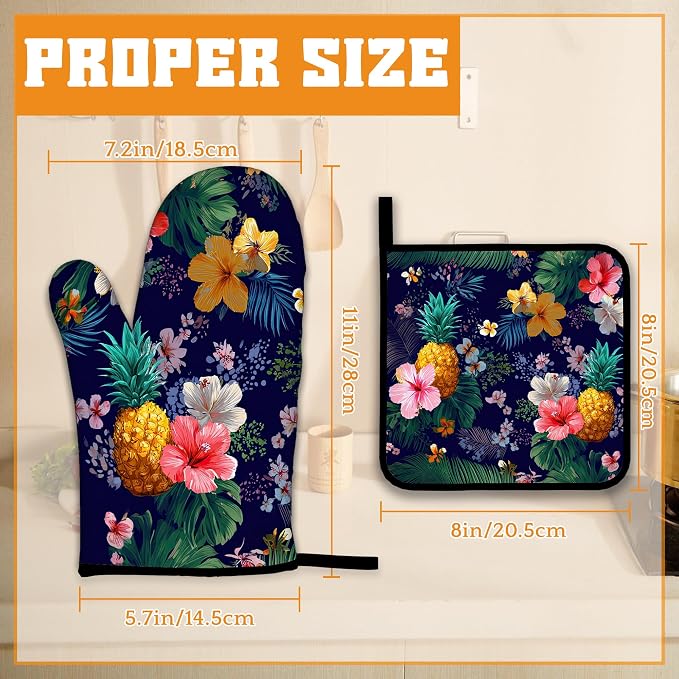 Palm Leaf Tropical Oven Mitts and Pot Holders, Pineapple Hibiscus Heat - Image 2