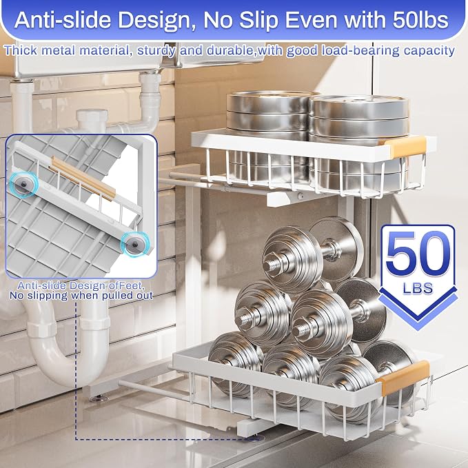 ADBIU 2 Pack Under Sink Organizers and Storage, Height Adjustable 2-Tier Pull - Image 7