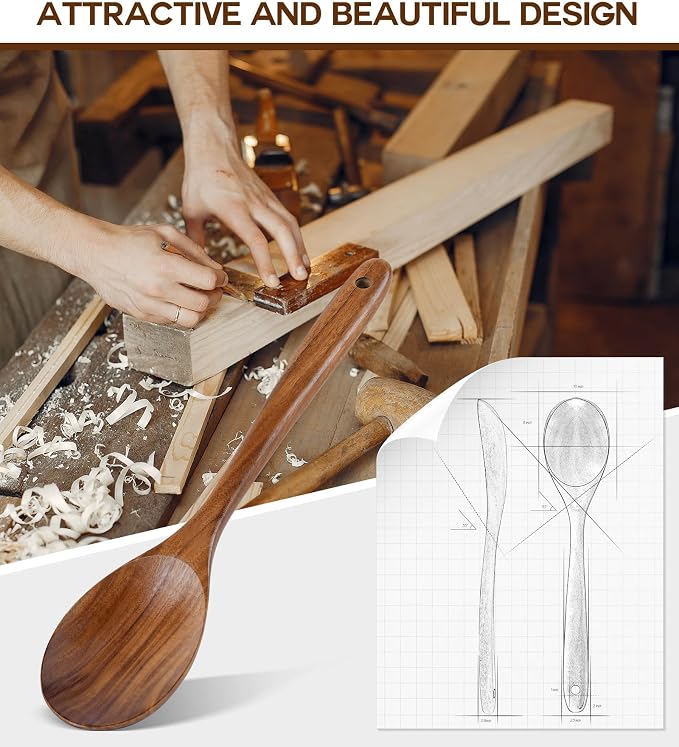 Wooden Spoons for Cooking, Natural Premium Teak Wooden Spoons, Good Grip Large - Image 4