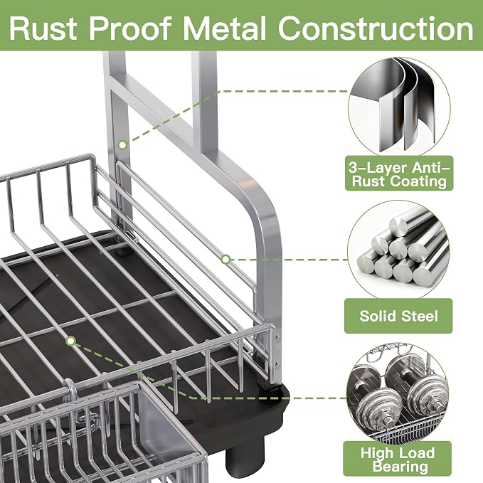romision 2 Tier Compact Stainless Steel Dish Drainers Drying Rack - Image 2