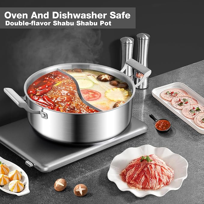 Delarlo 6.8QT Tri-Ply Stainless Steel Double-flavor Shabu Shabu Pot 12 inch - Image 6