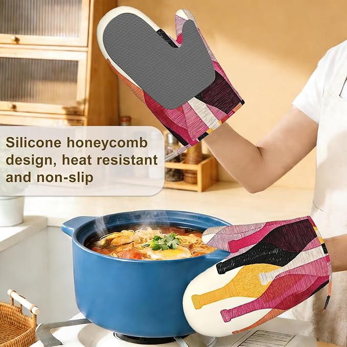 Red Wine Bottle Oven Mitts and Pot Holders Sets, Silicone Kitchen Mitts - Image 4