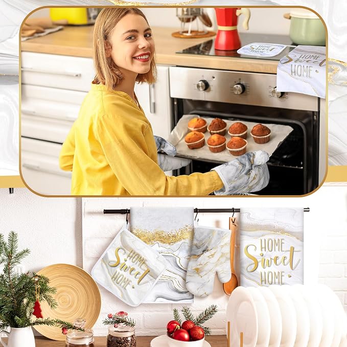 Bencailor 6 Pcs Marble Kitchen Decor Gold Pot Holders Oven Mitts 2 Dish Towels - Image 4