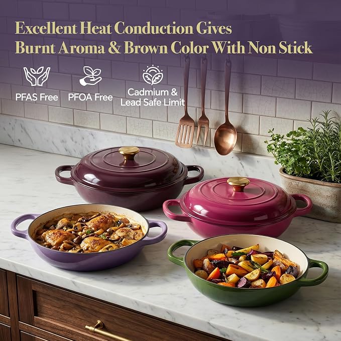 3 Quart Enameled Cast Iron Braiser, Non Stick Enameled Cast Iron Skillet - Image 2