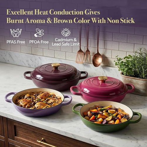 3 Quart Enameled Cast Iron Braiser, Non Stick Enameled Cast Iron Skillet - Image 2