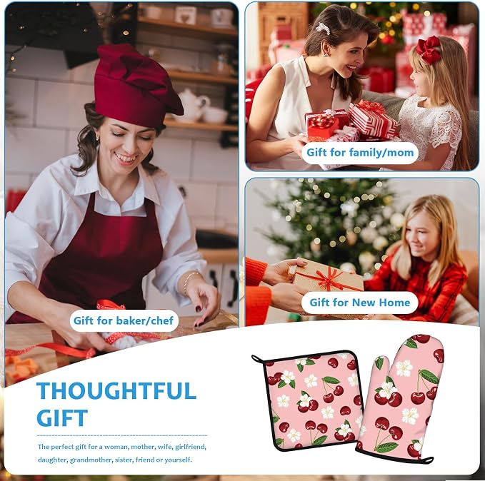 Cherry Oven Mitts and Pot Holders Sets Heat Resistant 4Pcs White Flower - Image 7
