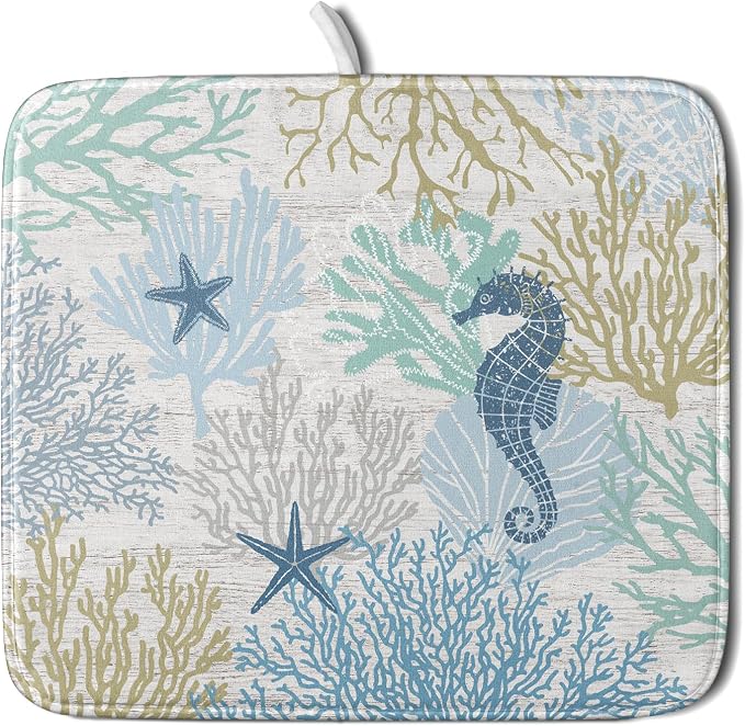 Blue Coral Dish Drying Mat Coastal Starfish Dishes Pad Hanging Drainer Mats by Giwawa
