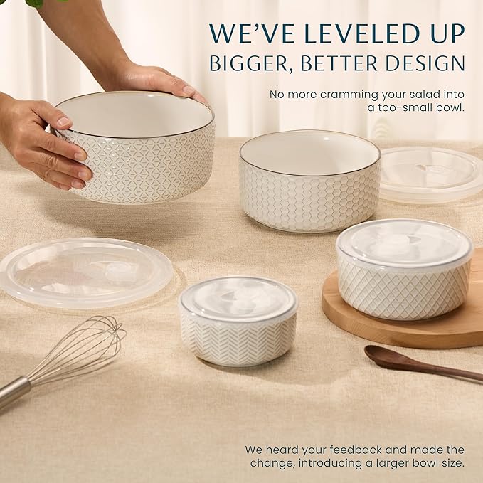 KooK Serving Bowls, with Lids, Ceramic Nesting Bowls, Microwave and Dishwasher - Image 2