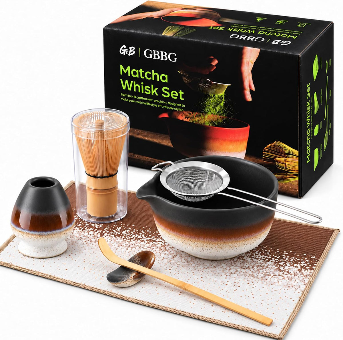 7-Piece Ceramic Matcha Whisk Set, Matcha Kit Set with Bowl &