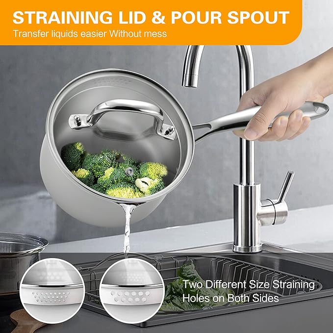 Cyrosa 2.5 Quart Saucepan with Strainer Lid, Stainless Steel Sauce Pot - Image 4
