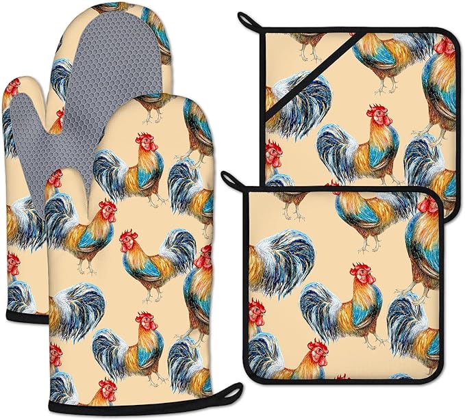 Watercolor Rooster Oven Mitts and Pot Holders Sets Heat Resistant 4Pcs by ANTJOO
