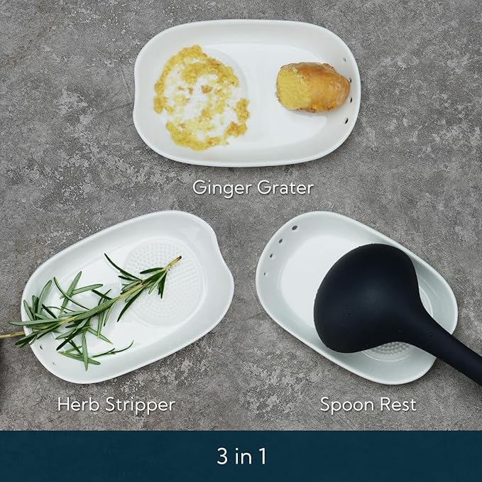 KITCHENDAO 3 in 1 Porcelain Ginger Grater Tool Spoon Rest Herb Stripper - Image 3