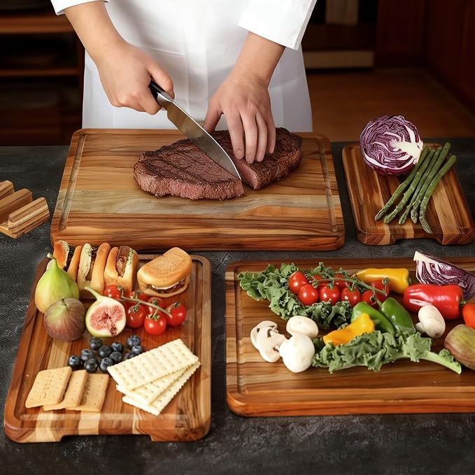 4 Pack Teak Cutting Board Set for Kitchen Wood Cutting Board Heavy Duty Non - Image 5
