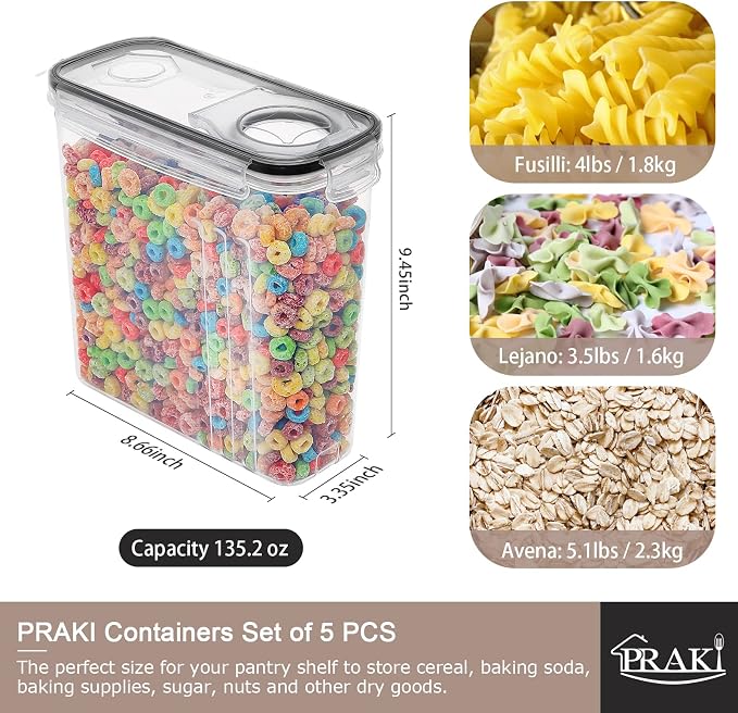 PRAKI 5PCS Cereal Containers Storage Set, BPA Free Airtight Food Storage - Image 2