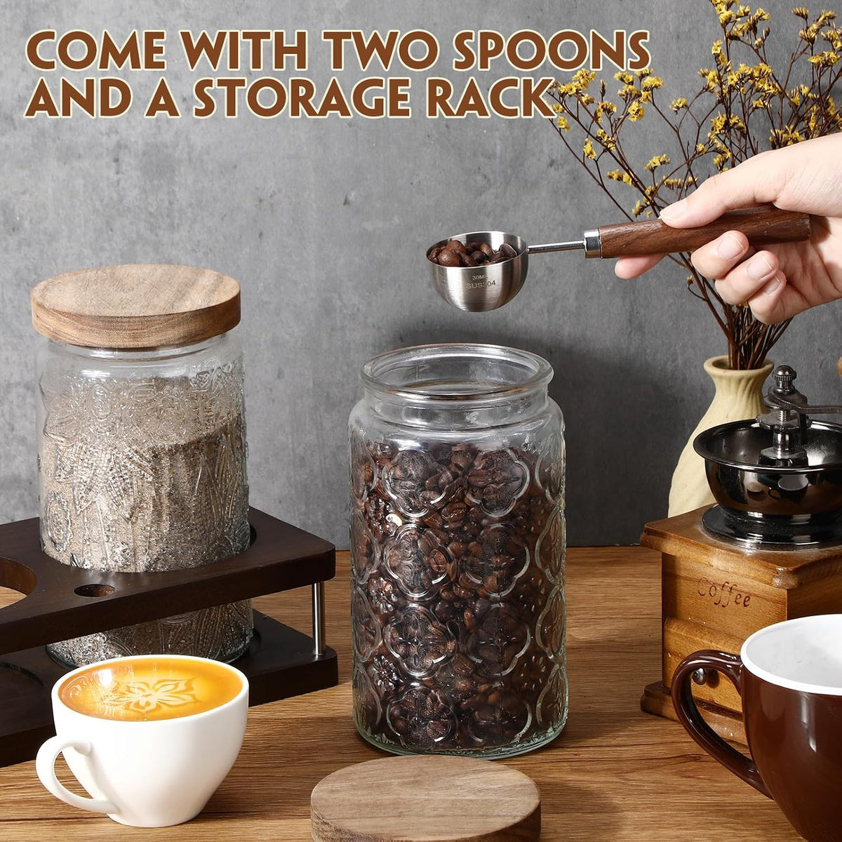 Glass Coffee Grounds Container with Shelf 2 x 34 oz Glass Coffee Bean
