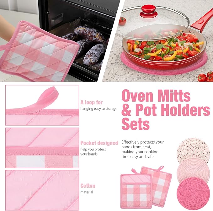 Sumind Pink Oven Mitts and Pot Holders 7 Sets, Heat Resistant Kitchen Gloves - Image 5