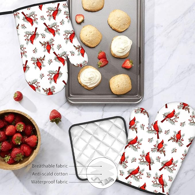 Christmas Cardinal Birds Oven Mitts and Pot Holders Sets of 3, Cardinal Birds - Image 7
