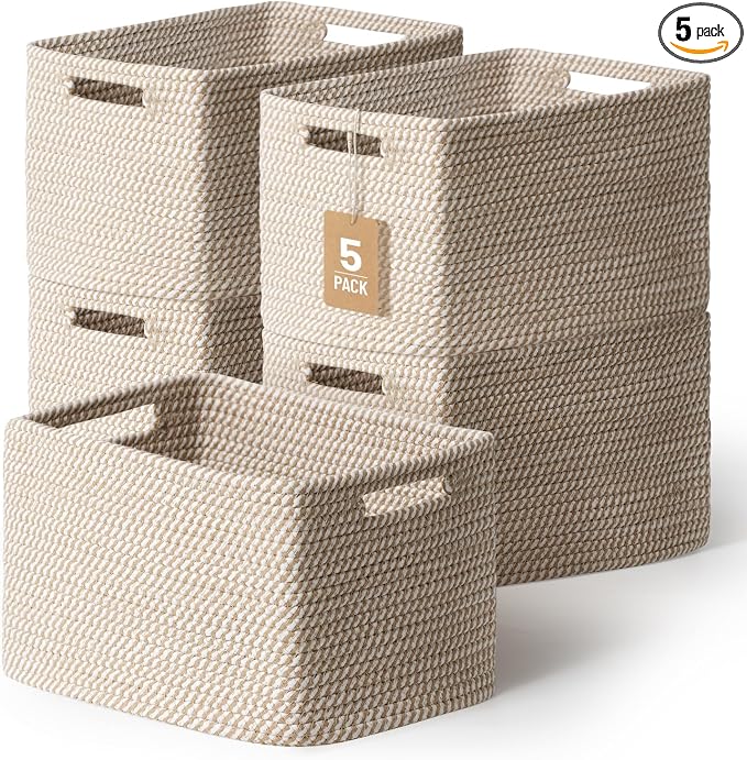 5 Pack Woven Storage Baskets for Shelves, Decorative Basket Organizer Storage by YILOBI