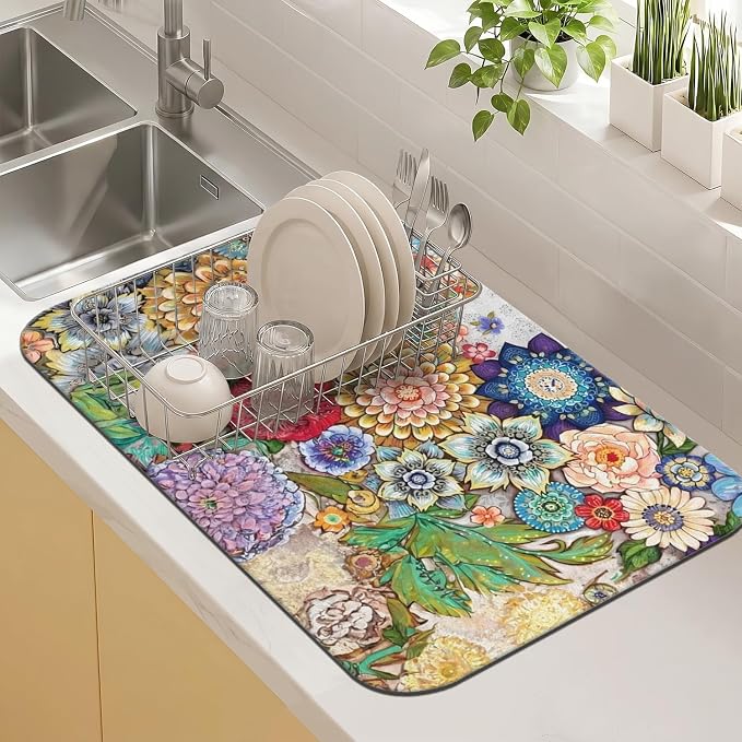 Kitchen Countertop Dish Drying Mat, Super Absorbent Coffee Bar Mat by Kuyig+Home