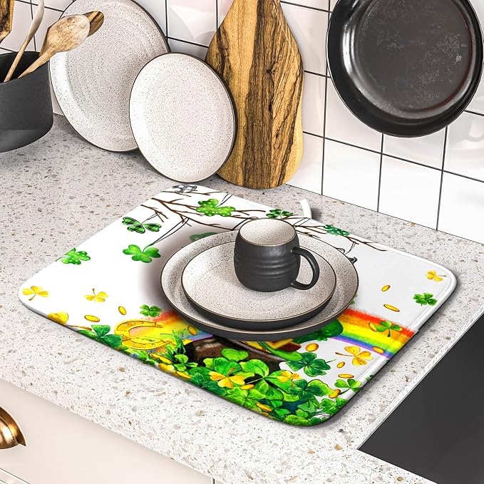 Giwawa St Patrick Dish Drying Mat Small Lucky Clover Tree Shamrock Dish Drainer - Image 5