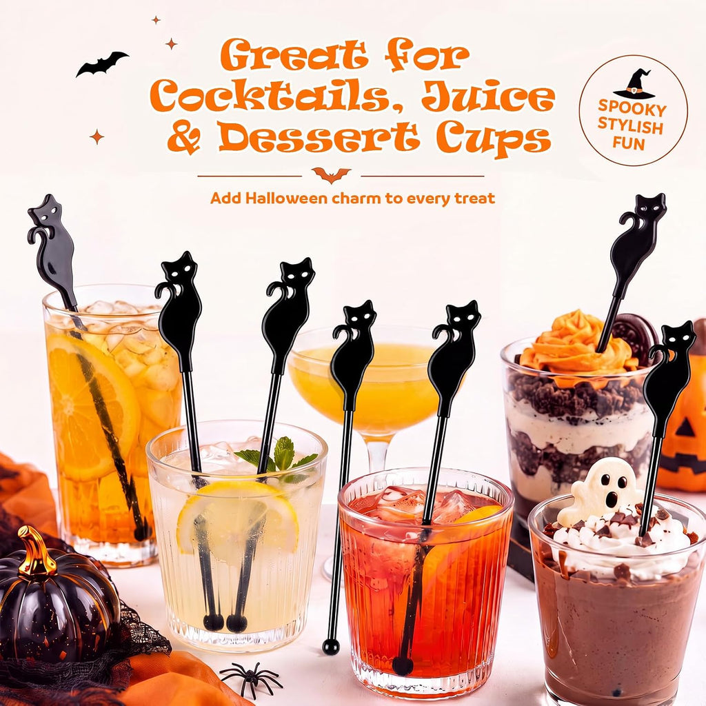 Silifine 100 Pcs Halloween Swizzle Sticks Plastic Black Cat Drink