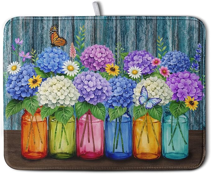 Hydrangea Dish Drying Mat Spring Summer Floral Jars Kitchen Drying Mats by Kwlegh