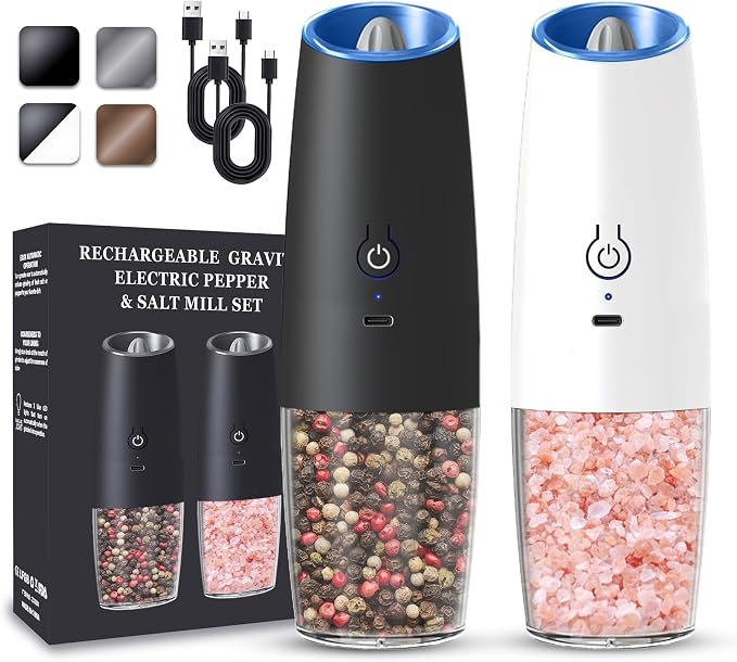 UNNEES Rechargeable Electric Salt and Pepper Grinder set of 2, gravity electric by UNNEES