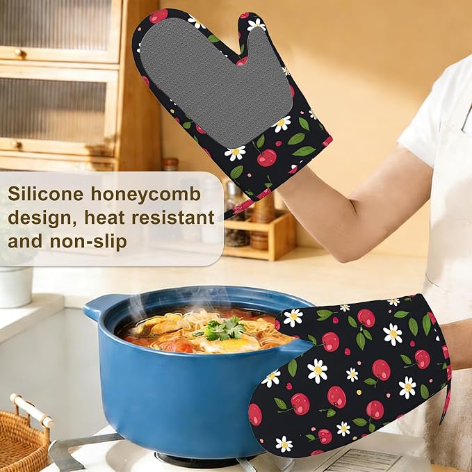 Cherry Oven Mitts and Pot Holders Sets of 4, Heat Resistant Daisy Floral - Image 4