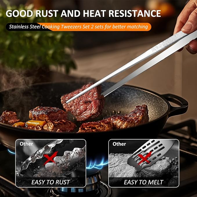 2-Piece Kitchen Tongs Set: Straight & Curved Edge Stainless Steel Non-Slip Grip - Image 3