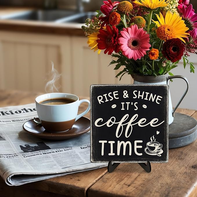 Farmhouse Coffee Bar Sign, Rise & Shine It's Coffee Time Desk Wooden Sign - Image 3