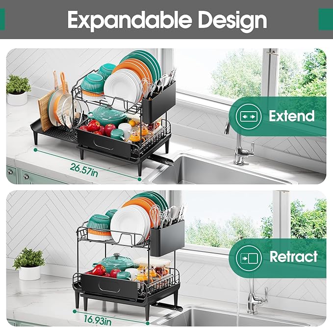 Urackify Dish Drying Rack for Kitchen Counter, Expandable 2 Tier Dish Rack - Image 2