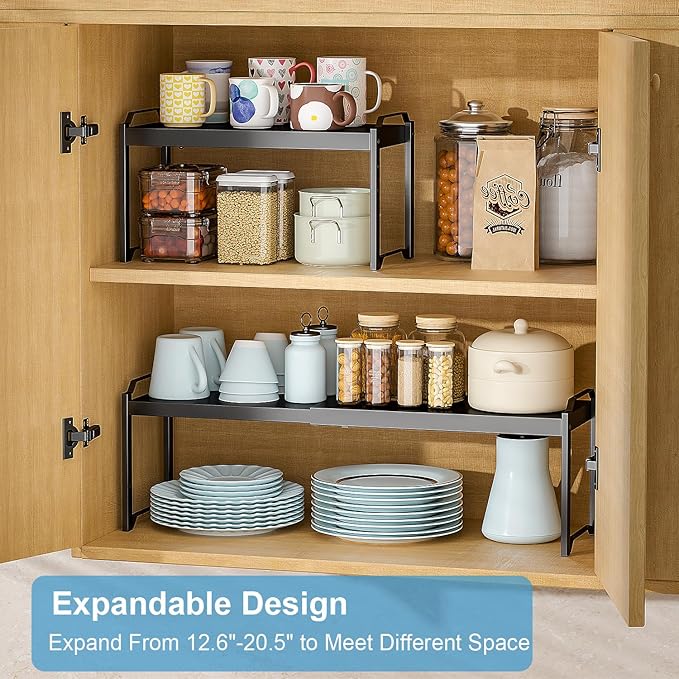 2 Pack Expandable Cabinet Countertop Shelves, Stackable Shelves Organizers - Image 3