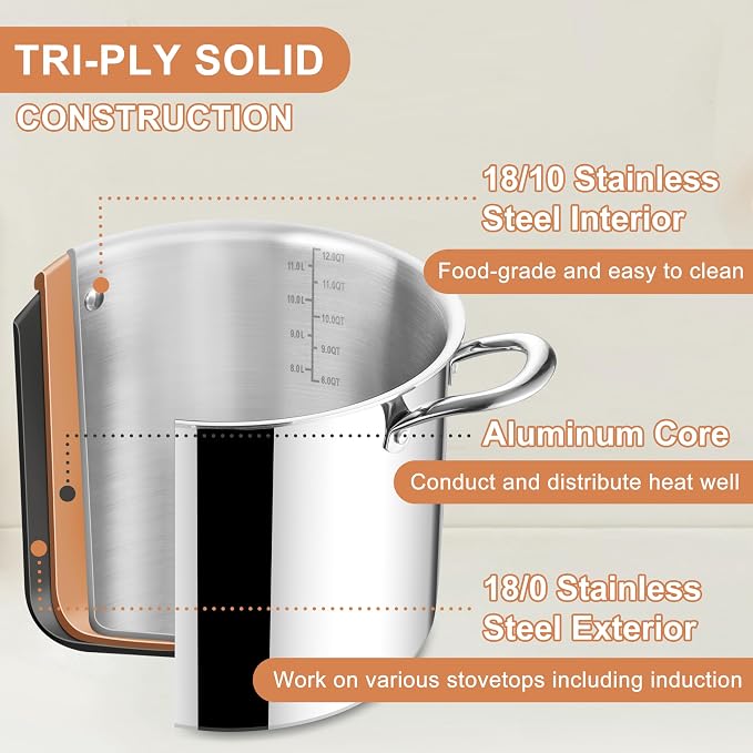 Herogo 12 QT Stock Pot, Tri-ply 18/10 Stainless Steel Cooking Pot - Image 3