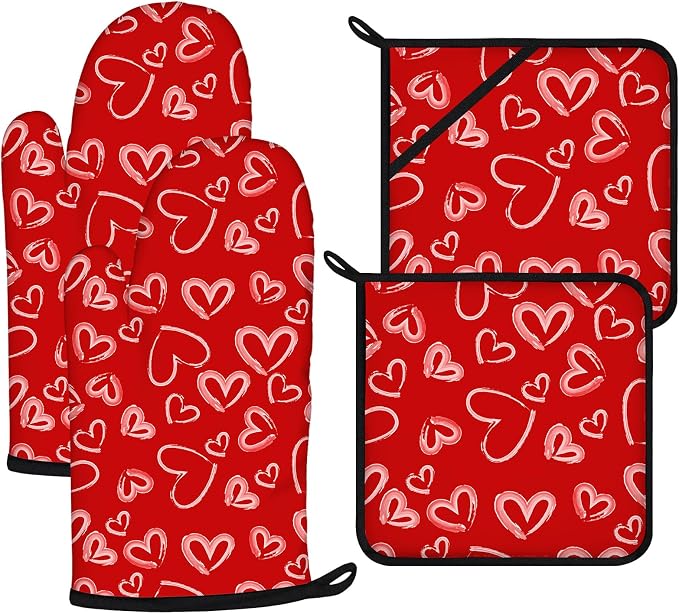 White Love Hearts Oven Mitts and Pot Holders Sets 4Pcs, Extra Long Oven Gloves by VisittheDuibelproduct