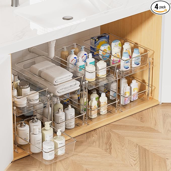 Vtopmart 4 Pack Bathroom Organizer, 2 Tier Clear Under Sink Organizers Vanity by Vtopmart