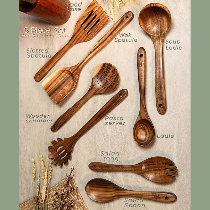 Wooden Cooking Utensils Set – Coki Home 9-Piece Teak Wood Kitchen Utensils - Image 2