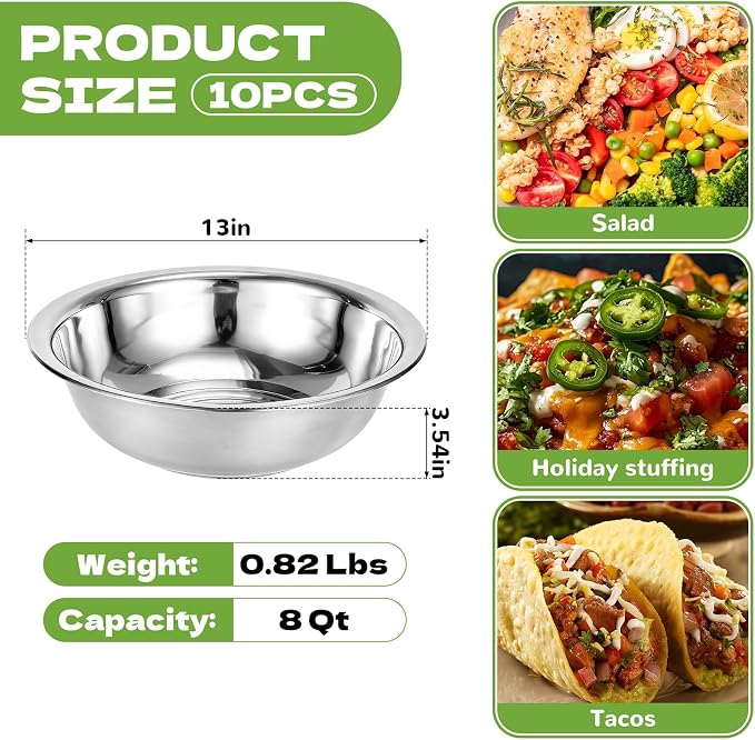 10 PCS Stainless Steel Mixing Bowls 13 Inch 8 Qt Extra Large Metal Basin - Image 2