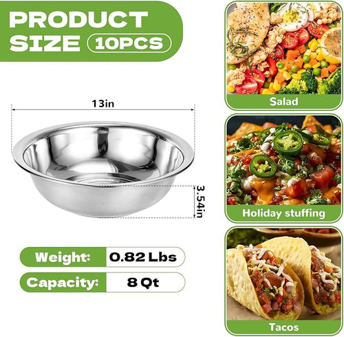 10 PCS Stainless Steel Mixing Bowls 13 Inch 8 Qt Extra Large Metal Basin - Image 2