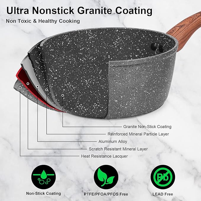 M MELENTA Granite Pots and Pans Set Non Stick, 11 Piece Die-Cast Induction - Image 3