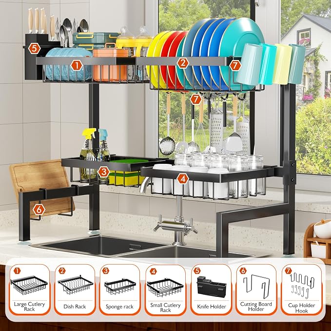 YKLSLH 4 Baskets Over The Sink Dish Drying Rack, Extendable Large Capacity Sink - Image 3