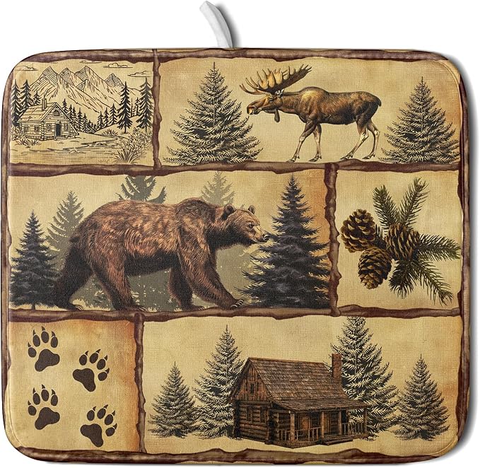 Vintage Bear Moose Dish Drying Mat 16x18 Inch Country Cabin Absorbent Dish by Giwawa