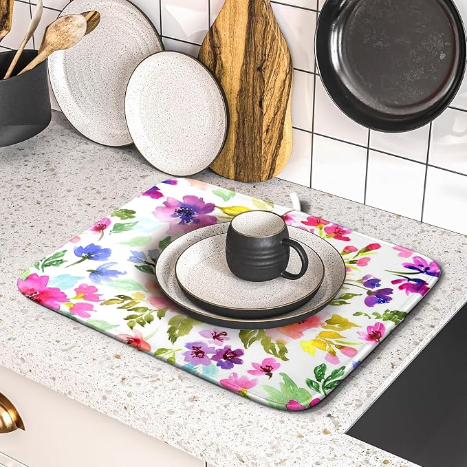 Spring Floral Dish Drying Mat for Kitchen Counter Flower Microfiber Absorbent - Image 5