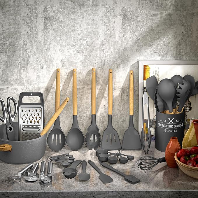 Umite Chef Silicone Kitchen Utensil Set, Wood Handles - Image 2