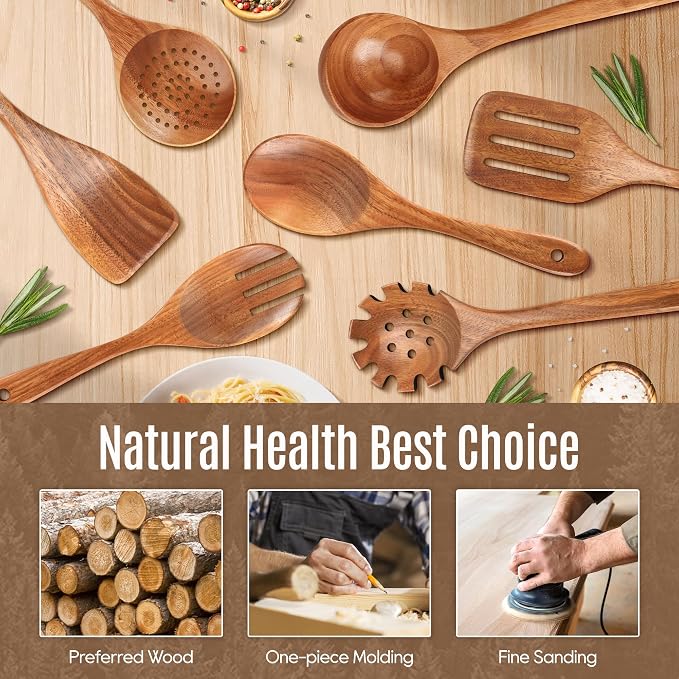 7 PCS Wooden Spoons for Cooking Natural Teak Kitchen Utensils Smooth Non-Stick - Image 2