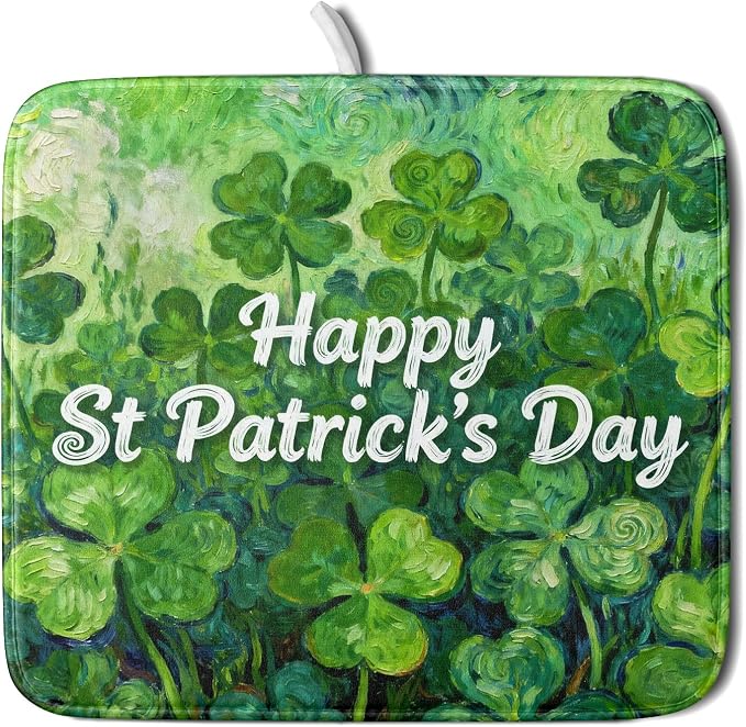 St Patricks Day Lucky Clover Dish Drying Mat by Aytipun
