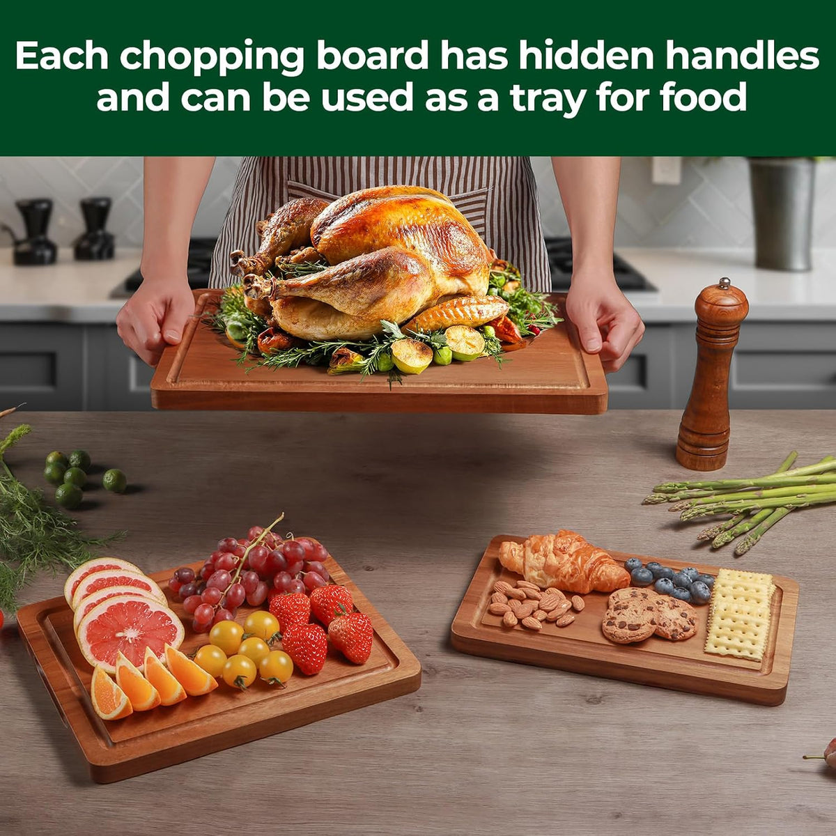 Wood Cutting Boards for Kitchen, Acacia Wooden Cutting Board Set